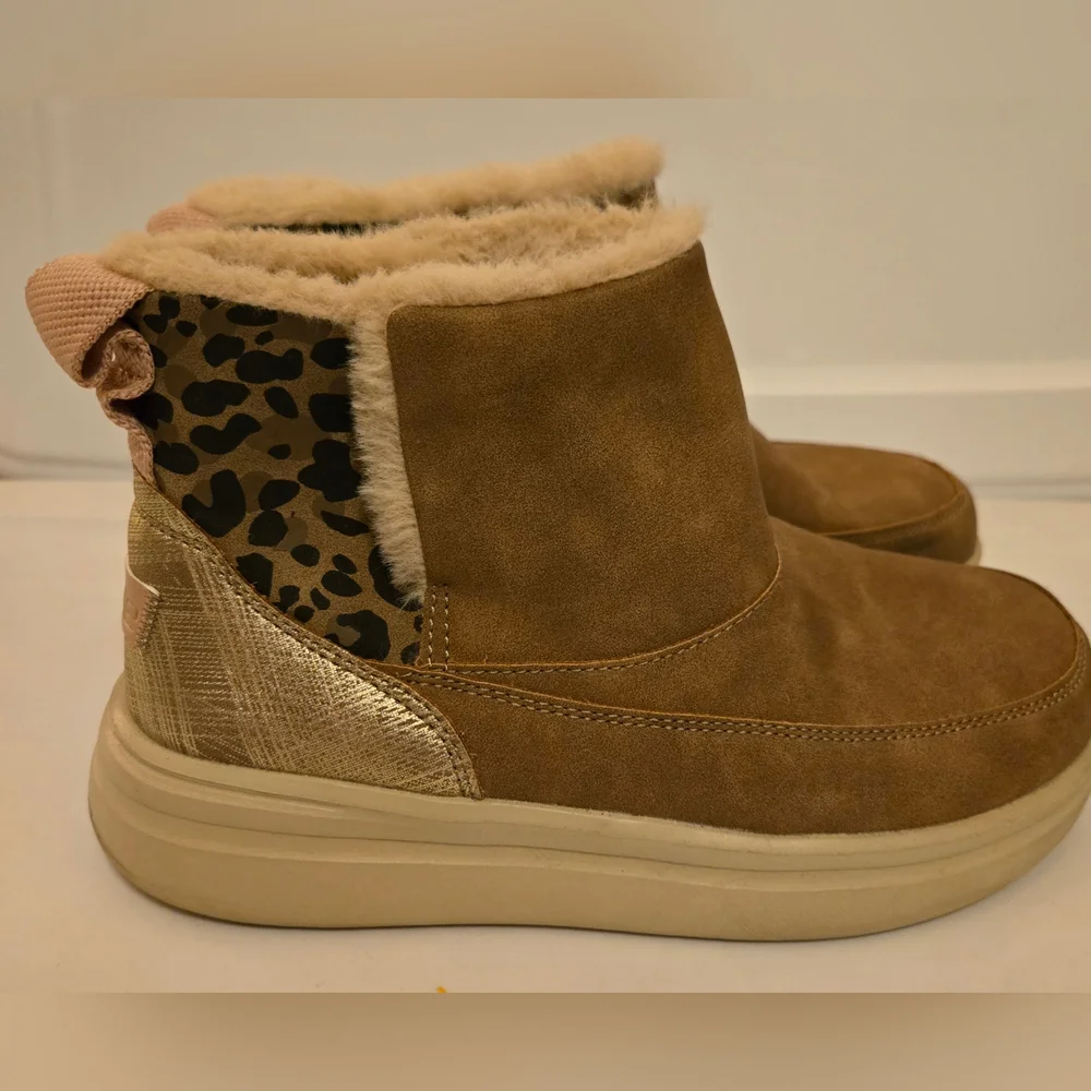 Hey Dude Kids Brown Suede Slip-On Boots with Gold Accent and Leopard Print